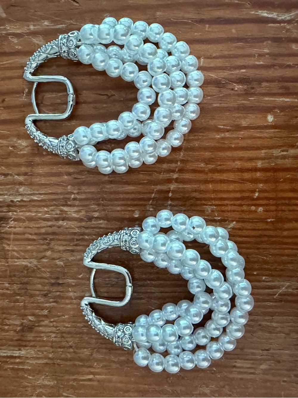 Triple Strand Faux Pearl Clip-On Earrings - Silver Accents